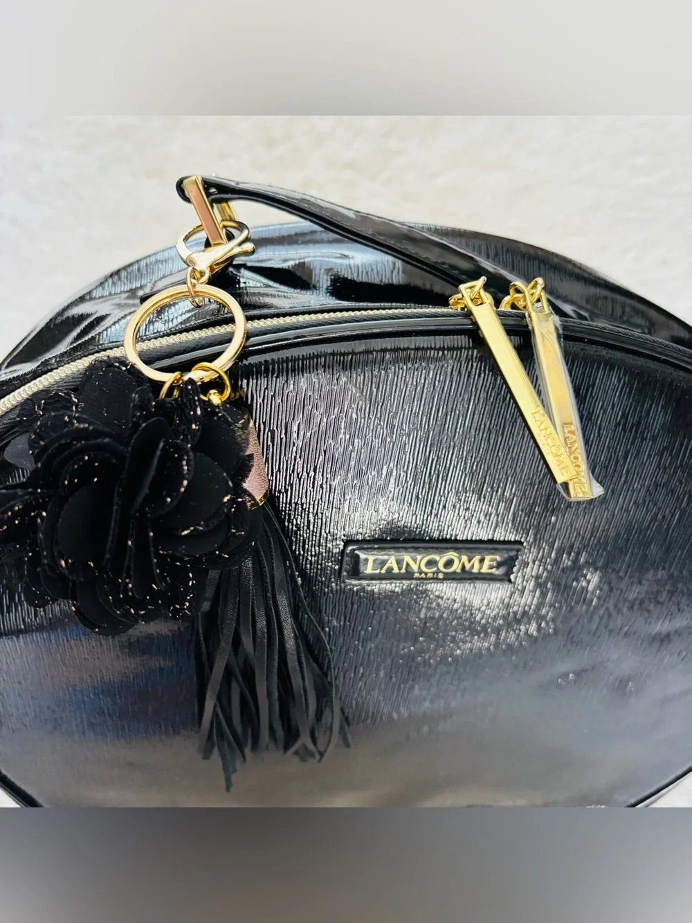 Lanncome Faux Black Patent Cosmetic Case with Tassel Travel Bag